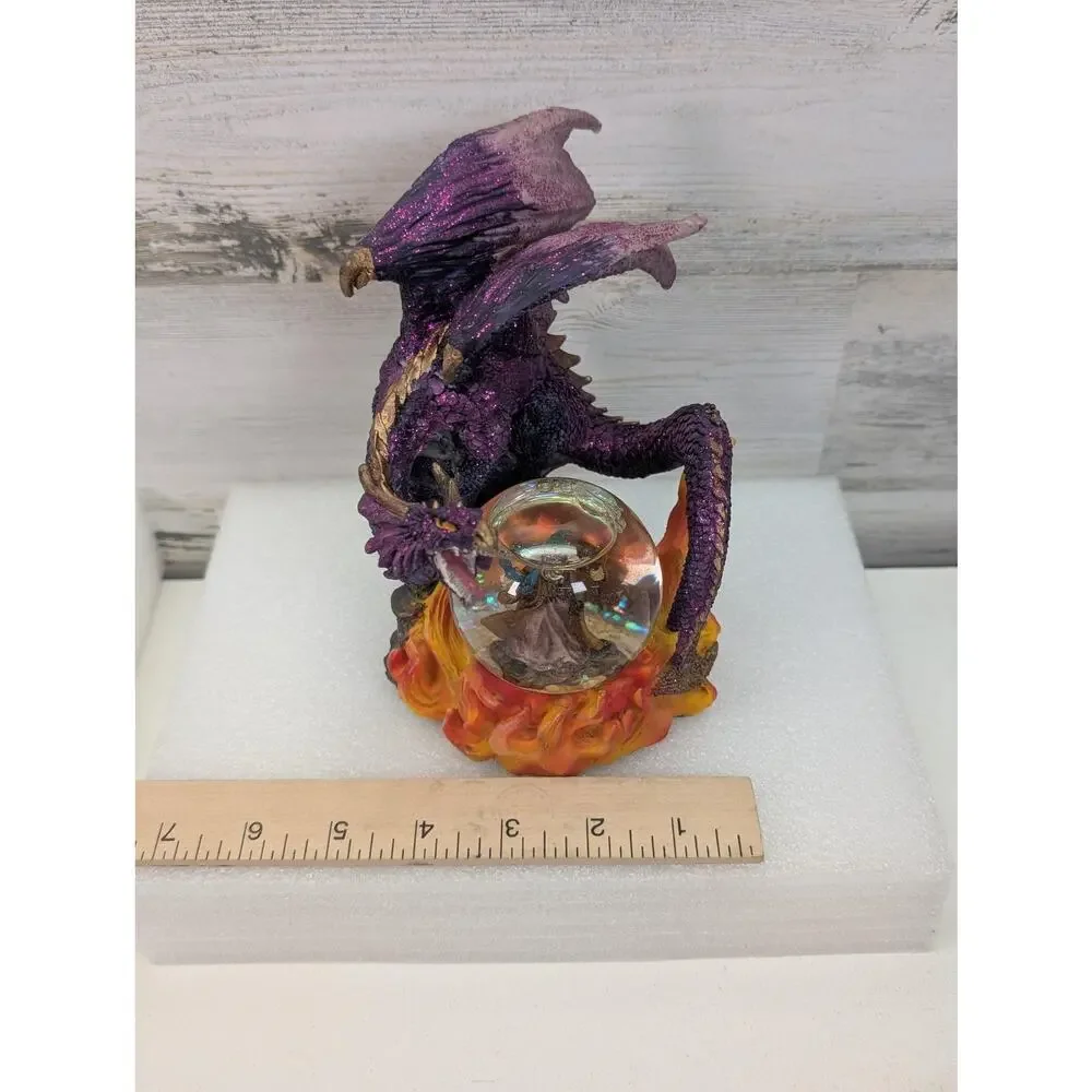 Purple Dragon Wizard Crystal Ball Resin Figurine Statue Fantasy Flames Glitter‎